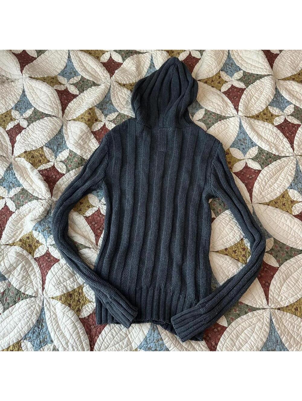 Vintage Y2K Aeropostale grey cable knit cardigan w hood & bow detail Size M - Picture 4 of 4